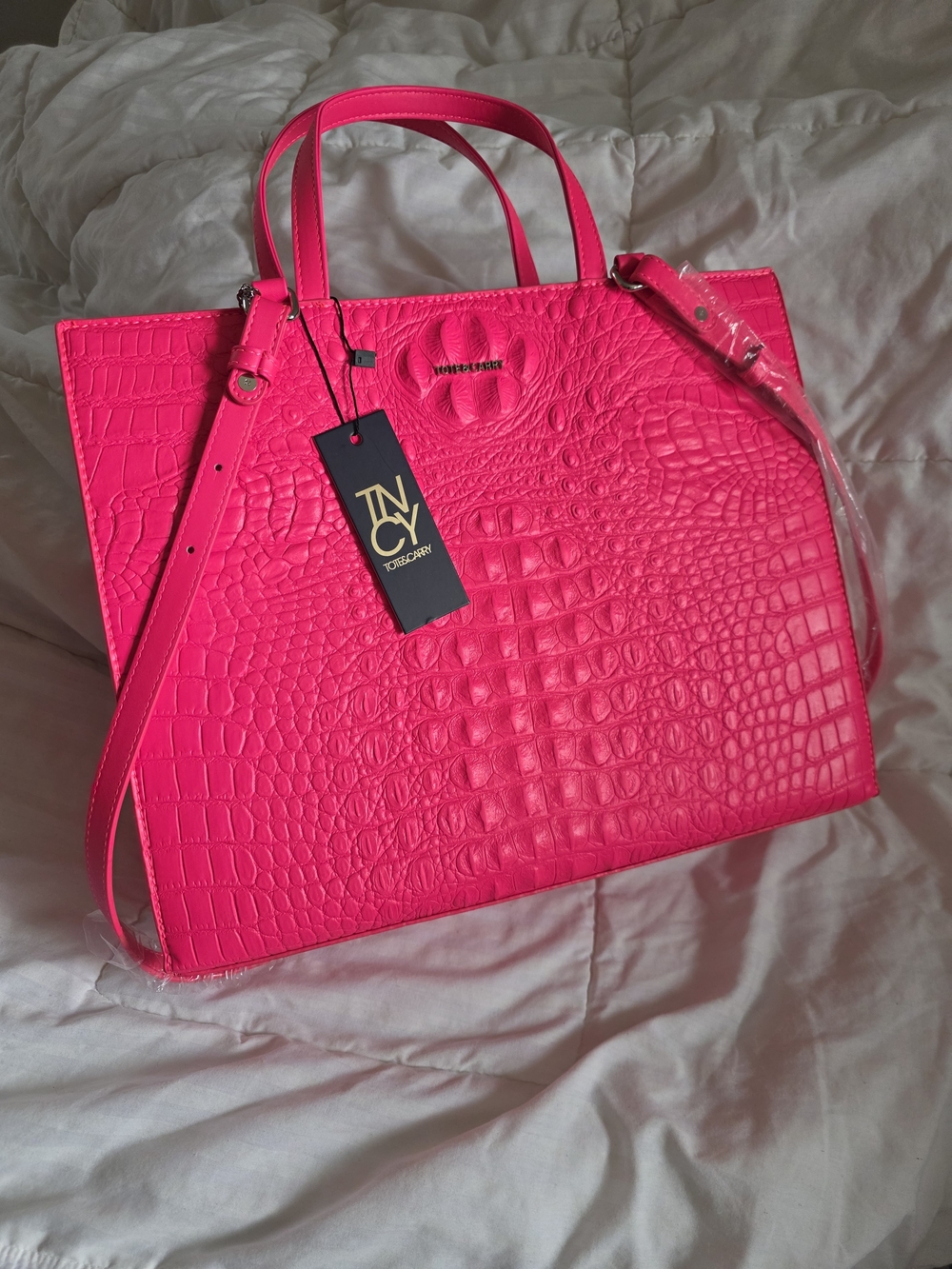 Croc-Embossed Tote in Neon Pink